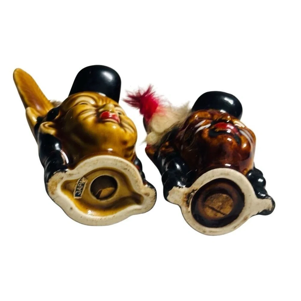 Vintage Indian Warriors Salt & Pepper Shakers Feather Japan-Small‎ Crack C Pic
